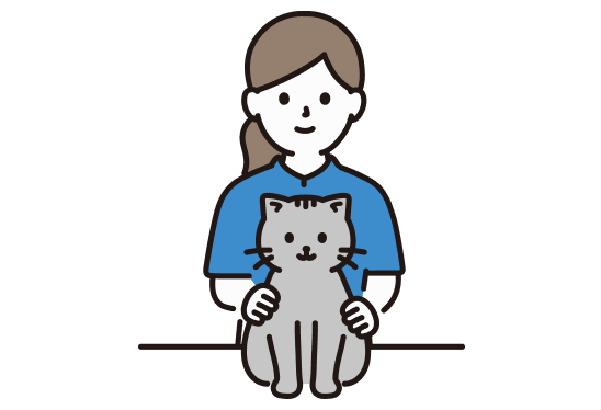 猫の後ろに立って、猫をさわっている人の絵